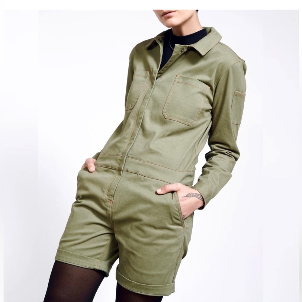 Wildfang Olive Green Essential Long Sleeve Utility Romper Jumpsuit.
